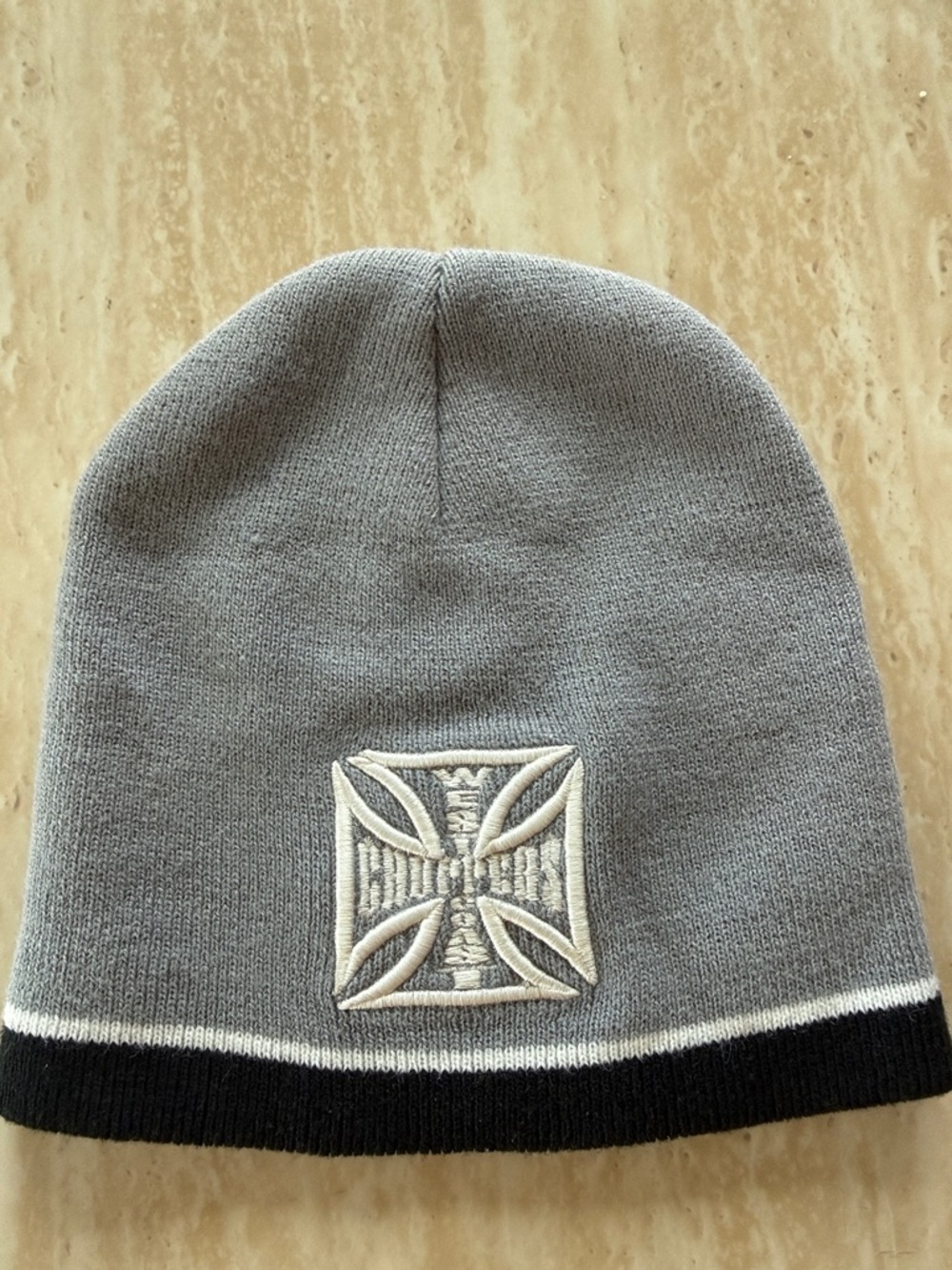 Gray Knit Beanie Hat with White Cross Patch